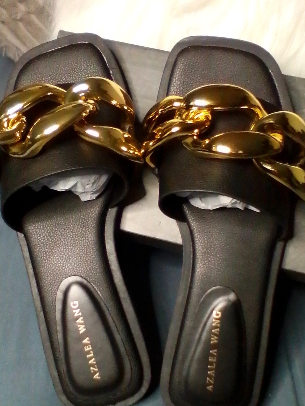 Azalea Wang Black Slide Sandals with Gold Chain Trim